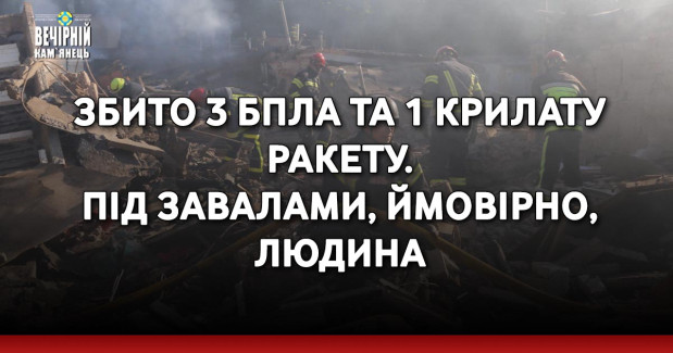 Збито 3 БпЛА та 1 крилату ракету. Під завалами, ймовірно, людина