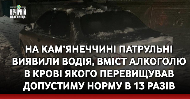 На Кам’янеччині патрульні виявили водія, вміст алкоголю в крові якого перевищував допустиму норму в 13 разів
