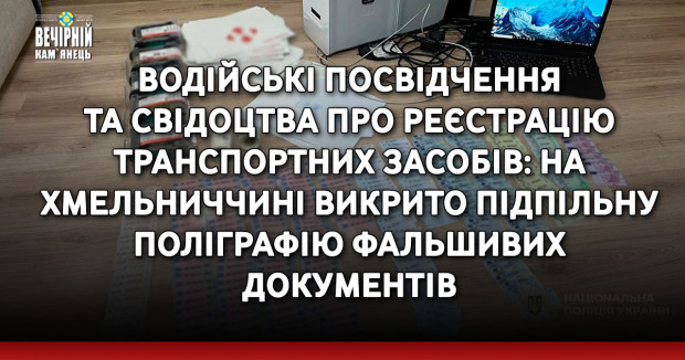 Водійські посвідчення та свідоцтва про реєстрацію транспортних засобів: на Хмельниччині викрито підпільну поліграфію фальшивих документів