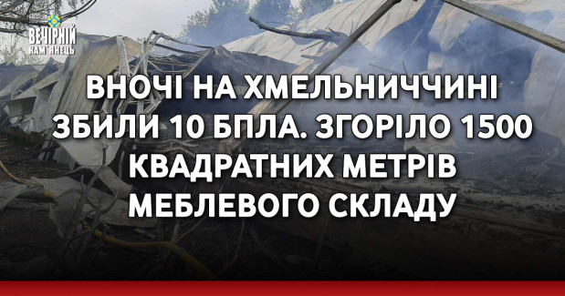 Вночі на Хмельниччині збили 10 БпЛА. Згоріло 1500 квадратних метрів меблевого складу