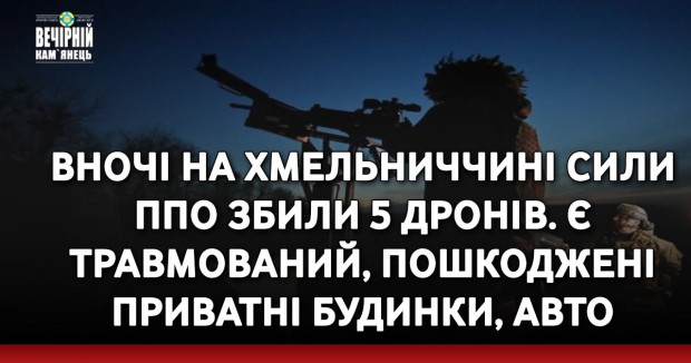 Вночі на Хмельниччині сили ППО збили 5 дронів. Є травмований, пошкоджені приватні будинки, авто