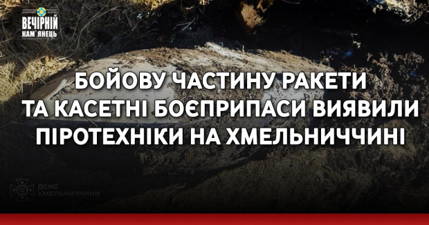 Бойову частину ракети та касетні боєприпаси виявили піротехніки на Хмельниччині